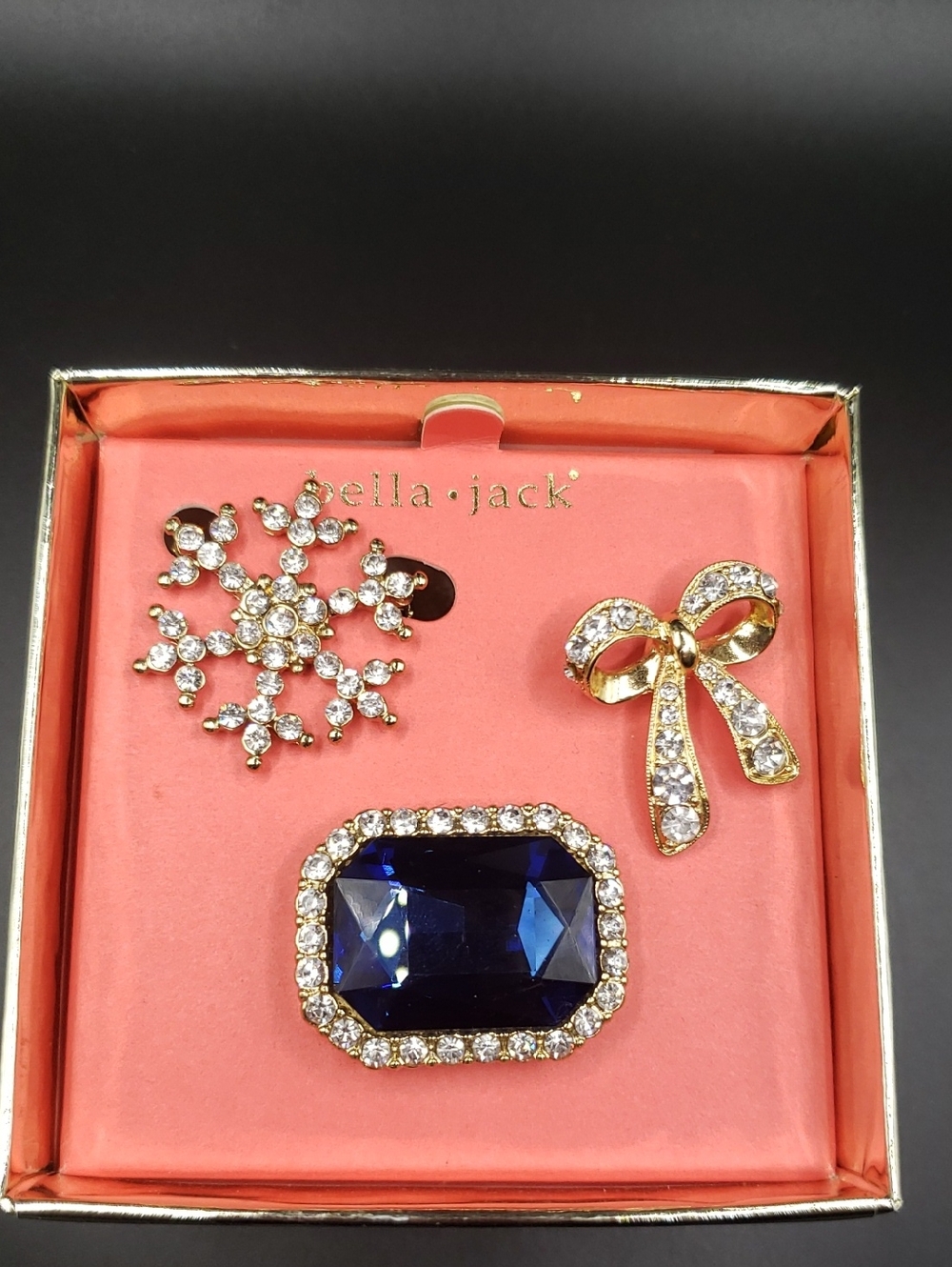 Bella Jack Goldtone Triple Pins Gift Set, Snowflake, Bow, Lrg Blue Rhinestone